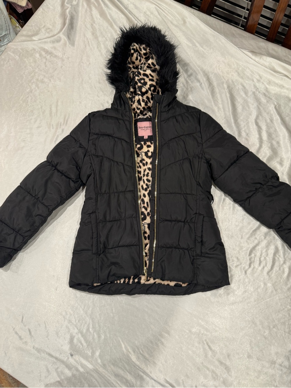 Juicy Couture Girls Puffer Jacket Leopard Faux Fur Hood Black L 14
